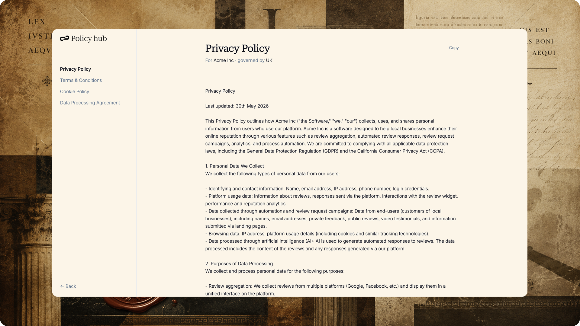 PolicyHub generated Privacy Policy preview